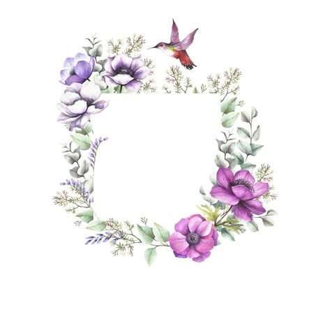Universal background with anemones, eucalyptus and birdie. Hand draw watercolor illustration.の写真素材