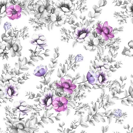 Seamless pattern with anemones and eucalyptus. Hand draw watercolor illustration.の写真素材