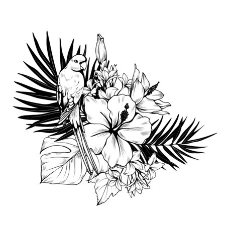 Composition with hibiscus, palm leaves and parrot. Vector botanical illustrationのイラスト素材