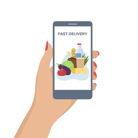 Hand holding smartphone with food delivery app. Flat vector illustration.のイラスト素材