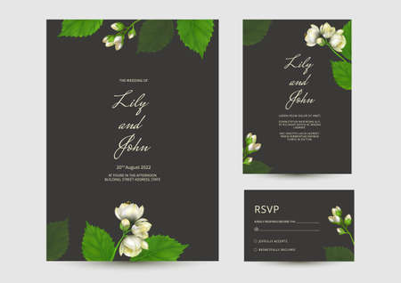 Wedding invitations set with jasmine flowers. Botanical elegant decorative vector template