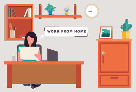 Illustration of woman reading and working at home.のイラスト素材
