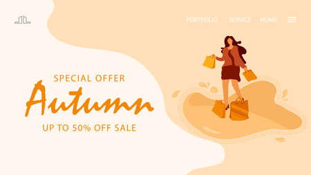 marketing landing page cover. wavy background and female characters go shoppingのイラスト素材