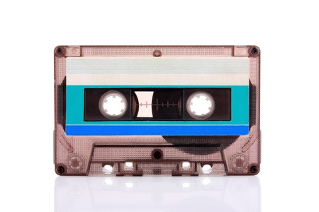 Compact Cassette isolated on white with blank blue label. Including clipping path.の写真素材