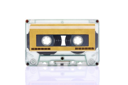 Compact Cassette isolated on white with blank gold color label  Including clipping path の写真素材