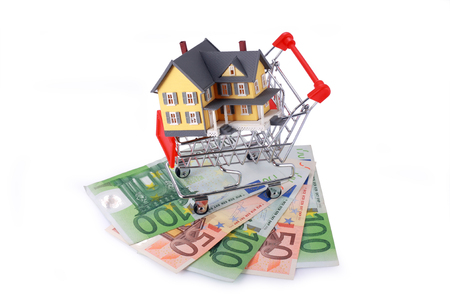 Shopping cart with miniature home on Euro banknotes isolated on Whiteの写真素材