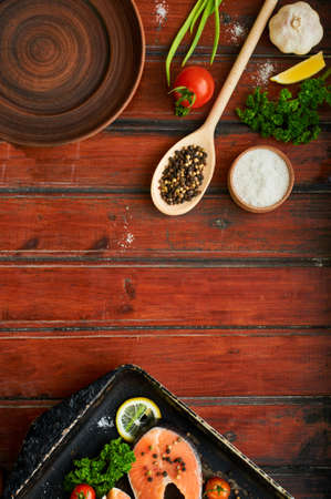 Ingredients for cooking: vegetables, spice and lemon. Rustic style. Top view. Selective focus