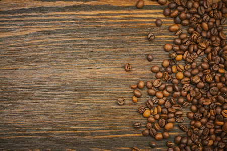 Coffee beans background. Roasted coffee. Top view. Selective focus. Place for textの写真素材