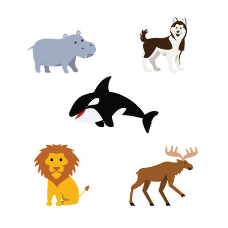 Set of different cartoon animals icons. Vector illustration in flat style.のイラスト素材