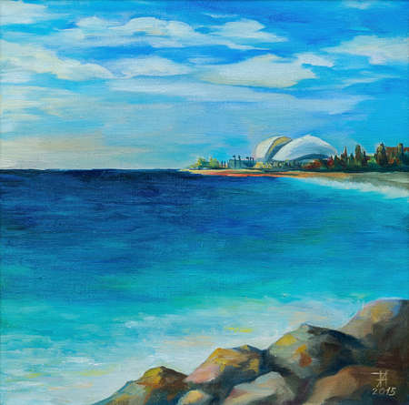 Original oil painting, Seascape, view of the city of Sochi, Russiaの写真素材