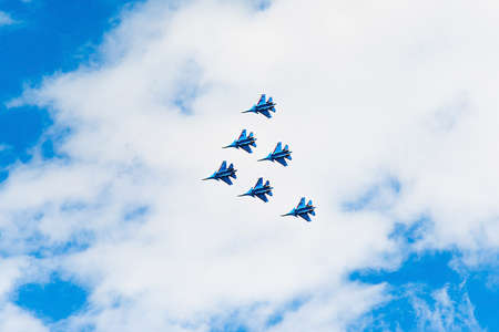 Russia, Zhukovsky, July 23, 2017: International Aviation and Space Salon MAKS-2017, fighter flights. Annual event, scientific conferences, business sites, the world's brightest flight program.のeditorial素材