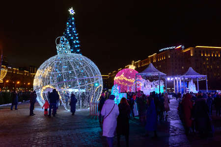 Russia, Moscow, January 07, 2020: near Victory Park, a large luminous ball in the form of a Christmas tree toy, decoration of the city for the holidaysのeditorial素材