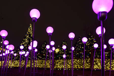 Russia, Moscow, January 07, 2020: Zaryadye Park in the evening, decorating the mountainside with light bulbs in the form of dandelions, which change color.のeditorial素材
