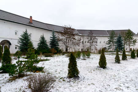 Russia, Borovsk, January 02, 2020: St. Pafnutiev Borovsky Monastery, a territory with churches, a shop, a cafe and New Year's decorated Christmas treesのeditorial素材