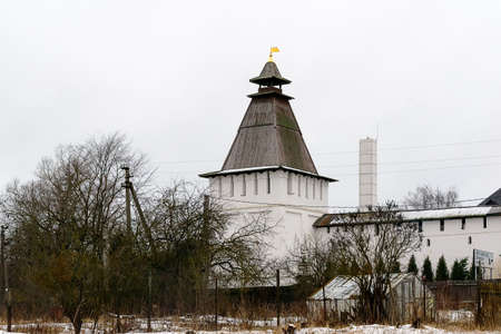 Russia, Borovsk, January 02, 2020: St. Pafnutiev Borovsky Monastery, a territory with churches, a shop, a cafe and New Year's decorated Christmas treesのeditorial素材