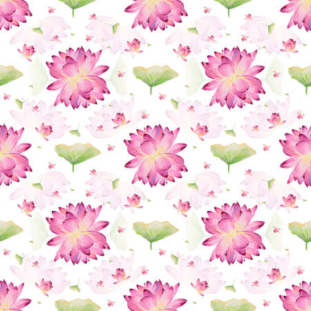 Watercolor seamless pattern with pink lotuses. Seamless symmetrical patterns of lotuses and their leaves for wrapping paper, invitations, textiles, bedding and more.の写真素材