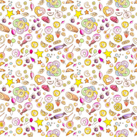 Seamless sweets pattern: sweets, fruits, cakes, donuts, stars. For wrapping paper, cards, background and other design tasks. Watercolor, pen handmade on a white backgroundの写真素材