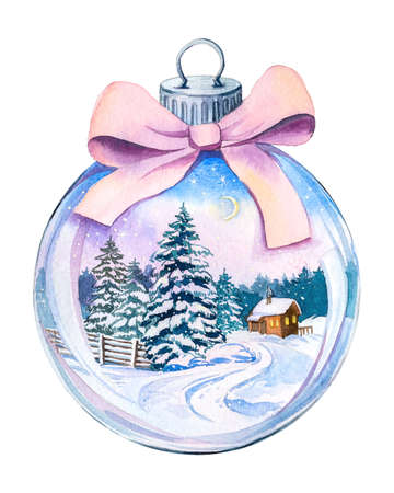 Christmas toy ball with a pink bow, inside a winter landscape, watercolor handmade. Night Christmas trees with a fence in the snow, a house with yellow windows, a forest, in the sky the moon and starsの写真素材