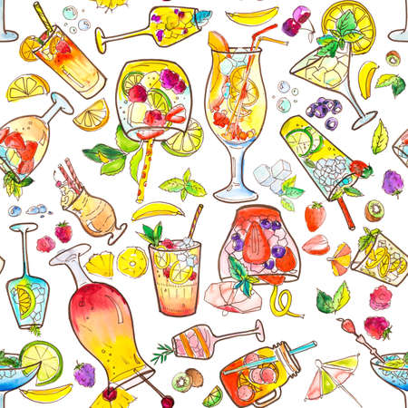 Seamless drawing cocktails and fruits on a white background. Watercolor and pen sketch. Yellow and red liquids with ice, lemon, mint, strawberries and other berries. For fabrics, textiles, backgroundsの写真素材