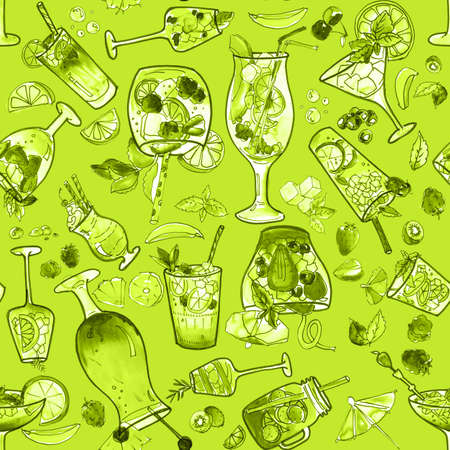Seamless drawing cocktails and fruits on a green background. Watercolor and pen sketch. Yellow and red liquids with ice, lemon, mint, strawberries and other berries. For fabrics, textiles, backgroundsの写真素材