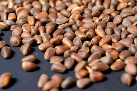 Unpeeled pine nuts scattered on a dark background. Siberian cedar seeds, close-up, top view.