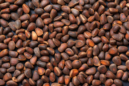 Background unpeeled Siberian pine nuts in a shell close-up. Top view of scattered nuts. For cooking, recipes.の写真素材