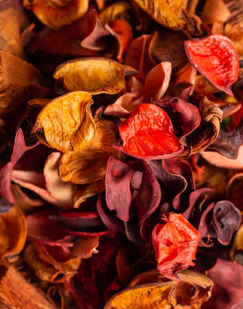 Dried flowers and petals of buds, very close-up. Aromatherapy for the house on a hot summer day....