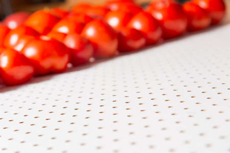 White table in a hole, in the distance blurred rows of red tomatoes. Background with empty space for inscriptions about fresh vegetables and healthy food.の写真素材