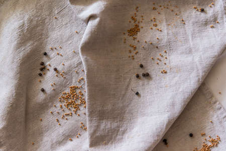 Linen fabric with a pronounced texture and folds. On the surface scattered black pepper and mustard. Empty light background for recipes, menu about healthy country food.の写真素材