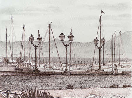 Embankment in Italy. At the marina, yachts, boats, lights. Brick wall. Sail boat masts. A woman is walking along the coast. Mountains in the background. Illustration. Watercolor, pencil, pen.の写真素材