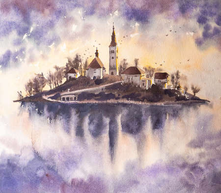 The castle on the hill is reflected in the water. Foggy morning. Watercolor, pencil. Illustration. Rise. In the background of the mountainの写真素材