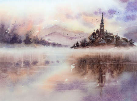 The castle on the hill is reflected in the water. Foggy morning. Watercolor, pencil. Illustration. Rise. In the background of the mountainの写真素材