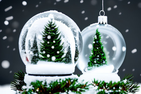 Snow globe with christmas tree and snowfall. Christmas background. - AI Generatedの素材