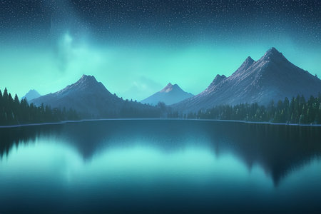 Fantasy landscape with mountain lake and starry sky. - AI Generatedの素材