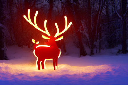 Christmas reindeer with red lights in the forest at night. - AI Generatedの素材