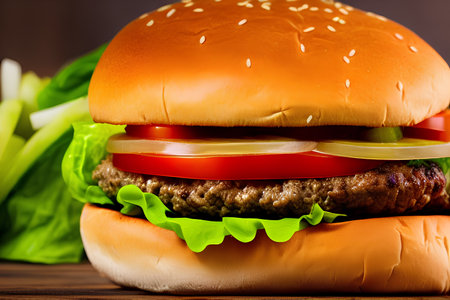 Big tasty hamburger with cutlet and vegetables on a wooden background - AI Generatedの素材