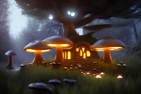 Fantasy landscape with magic house and mushrooms. - AI Generatedの素材