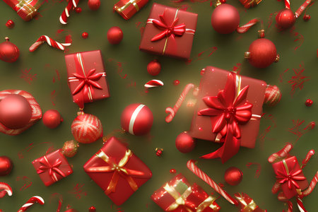 Christmas background with red gift boxes, candy canes and balls. - AI Generatedの素材