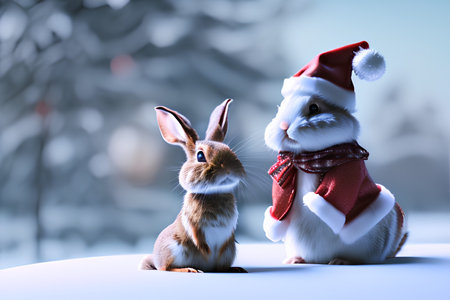 Rabbits in Santa Claus hat and scarves on snowy background - AI Generatedの素材