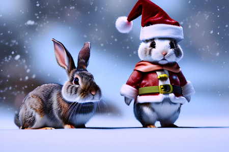 Rabbits in Santa Claus clothes. Christmas and New Year concept. - AI Generatedの素材