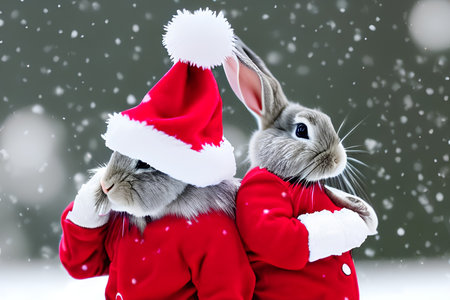 Rabbit wearing Santa Claus hat on snowy background. Christmas concept. - AI Generatedの素材