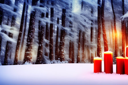 Red candles in the winter forest. Christmas background. - AI Generatedの素材