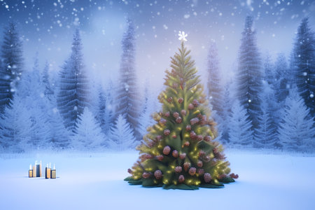 Christmas tree in the winter forest. - AI Generated. Christmas background.の素材