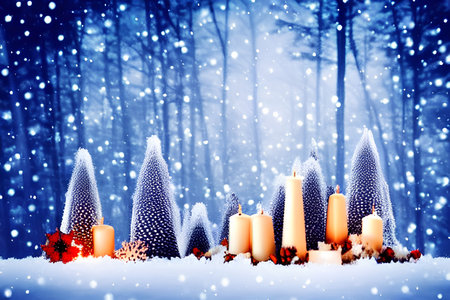 Christmas background with candles and snowflakes in the forest, toned - AI Generatedの素材