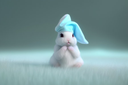 Cute little white rabbit with blue hat sitting on the floor. - AI Generatedの素材