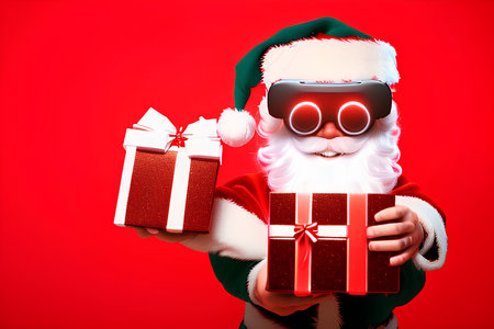 Portrait of Santa Claus with gift boxes on a red background. - AI Generatedの素材