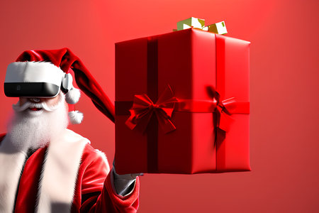 Santa Claus is using a virtual reality headset and holding a gift box. - AI Generatedの素材