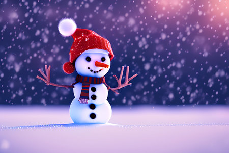 Snowman with red hat and scarf on snowfall background. Christmas and New Year concept. - AI Generatedの素材