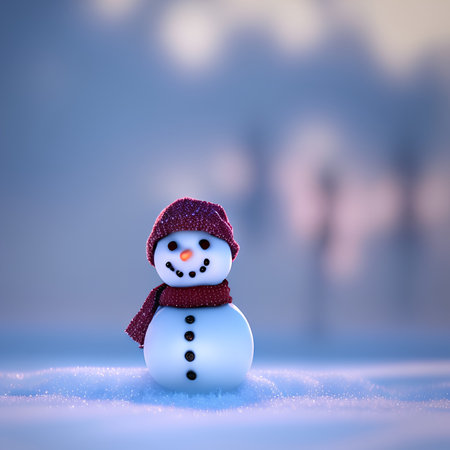 Snowman on snow with bokeh background. Christmas card. - AI Generatedの素材