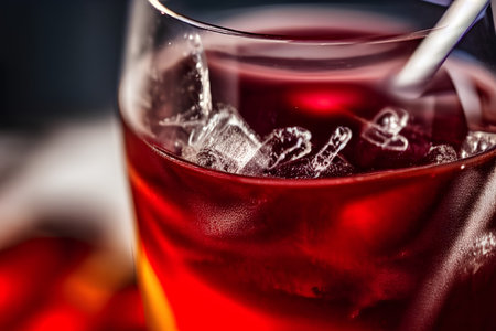 red cocktail with ice cubes on a black background, close-up - AI Generatedの素材